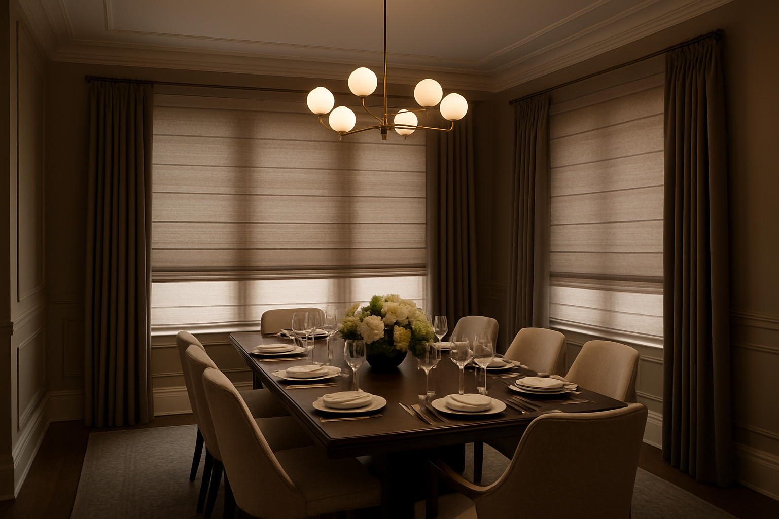 Sala de jantar sofisticada com persianas de tecido premium