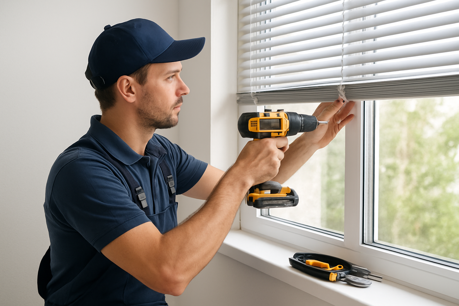 Técnico profissional instalando persianas com ferramentas modernas