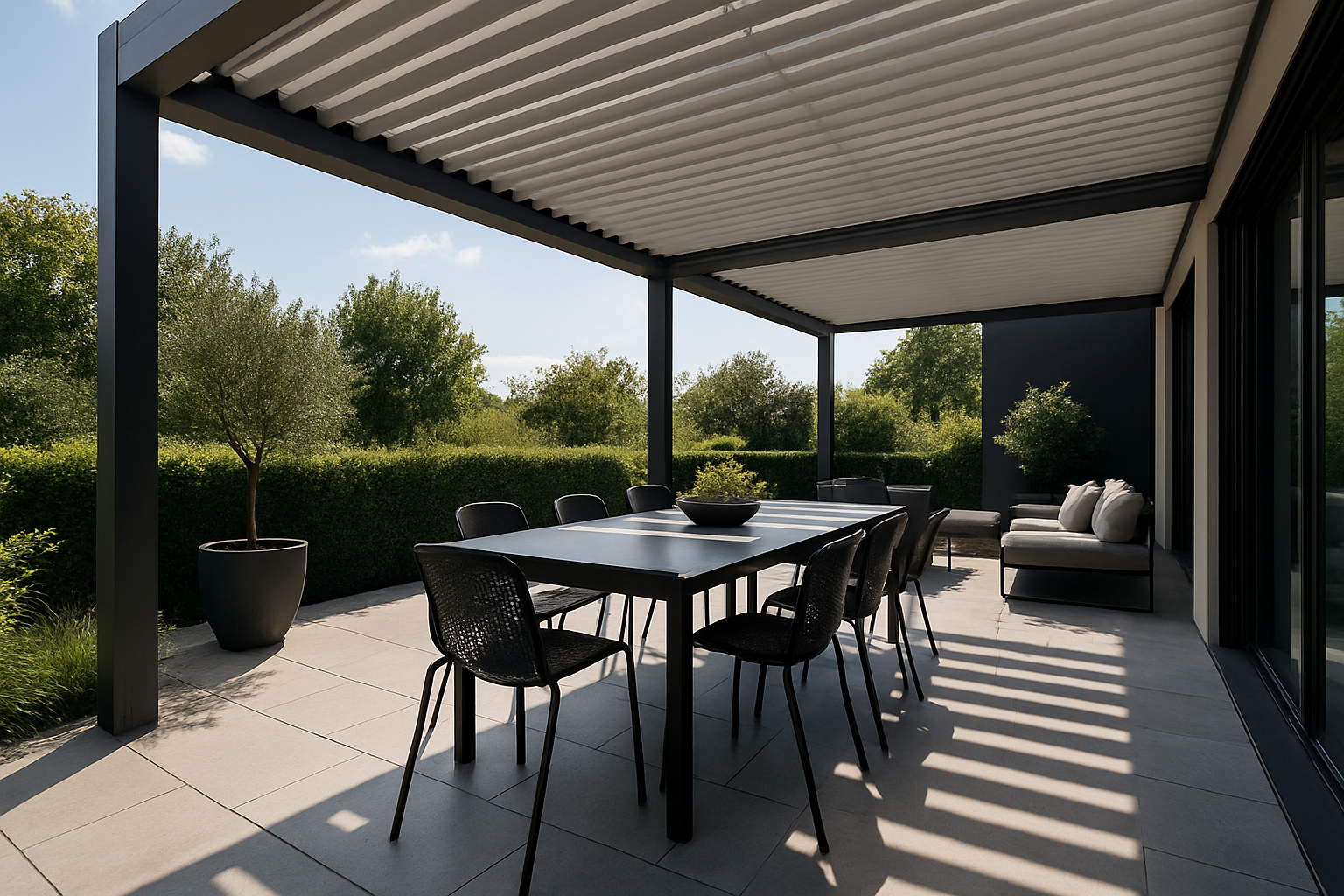 Terraço com cobertura retrátil e área de jantar elegante