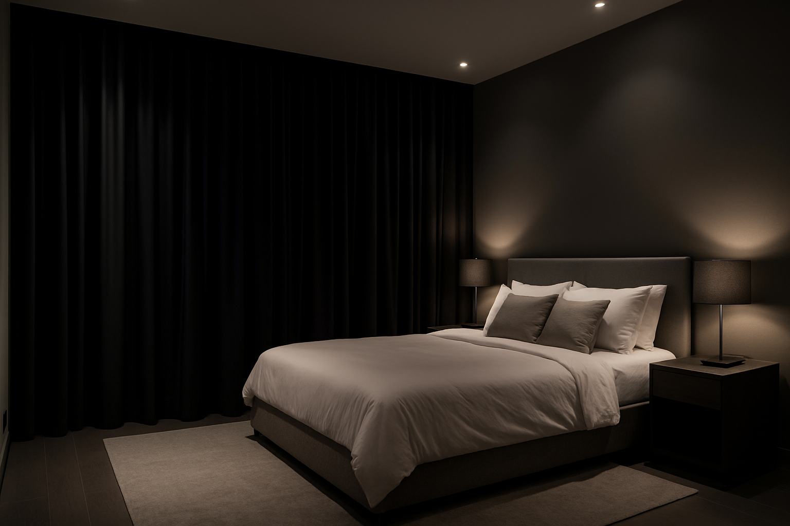 Quarto com cortinas blackout para controle total da luz